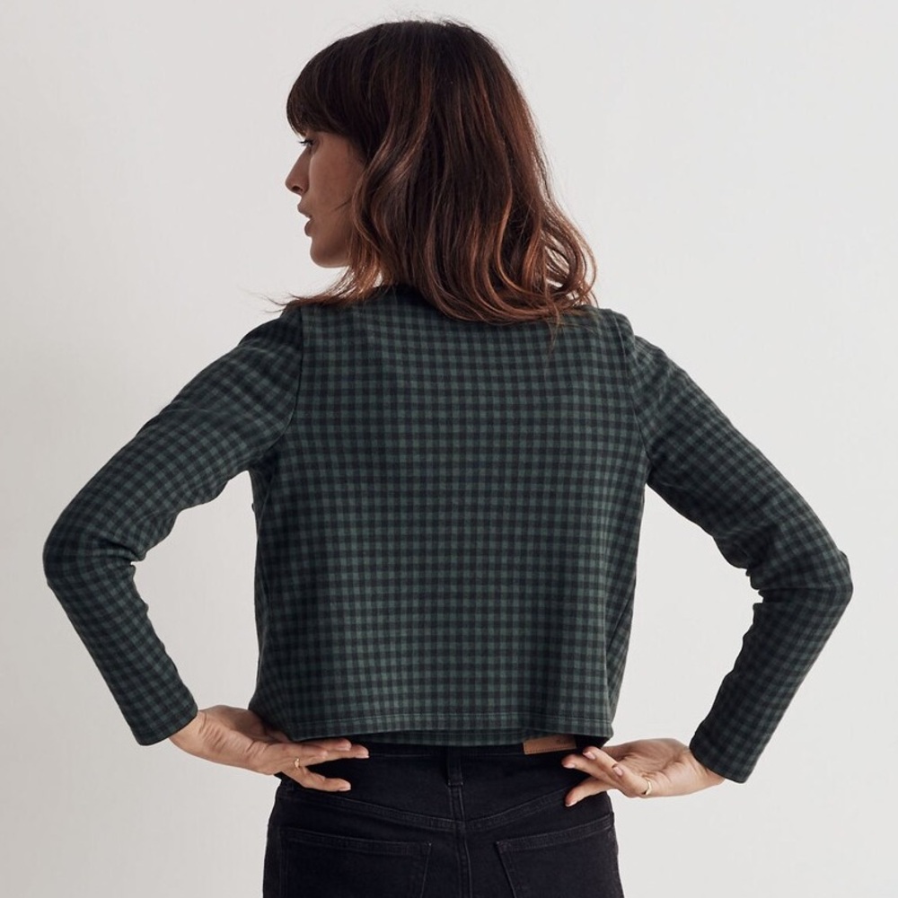 Madewell Jacquard Long Sleeve Cardigan & Tank Twin Set in Gingham Forest Green - Picture 3 of 14